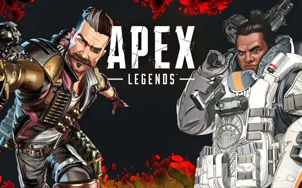 Video game Apex Legends 2K Quad HD PC desktop wallpaper: Fuse (left) and Gibraltar (right) flank the Apex Legends logo on a dark background with red smoke accents.