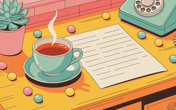 Cozy illustrated desk scene with steaming teacup, handwritten letter, rotary phone, succulent and scattered candy — 4K Ultra HD PC desktop wallpaper and background.