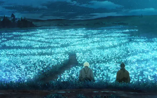 Anime movie Love Through a Prism HD PC desktop wallpaper/background: two figures overlooking a glowing blue flower field beneath a starry night sky.