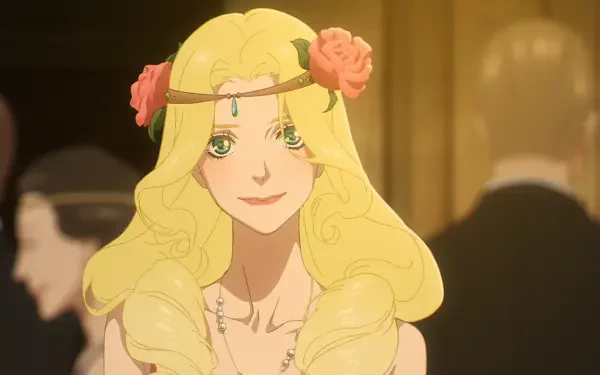 HD PC desktop wallpaper from the anime movie Love Through a Prism: a smiling blonde woman with rose crown and jeweled headpiece in a warm, softly lit ballroom.