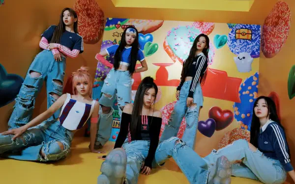Six-member K-pop girl band posing in a colorful candy-themed set in ripped denim and crop tops — vibrant 4K Ultra HD PC desktop wallpaper background.