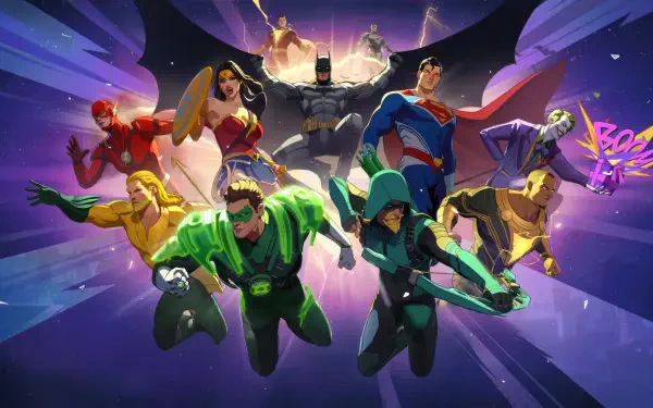 2K Quad HD PC desktop wallpaper/background for mobile game DC: Dark Legion depicting Batman, Superman, Wonder Woman, Flash, Green Lantern and allies charging forward.