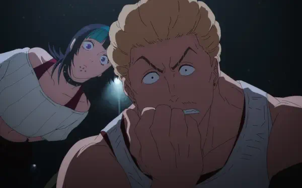 HD PC desktop wallpaper of Jujutsu Kaisen: Kinji Hakari clutching his mouth in shock with Kirara Hoshi looming behind, cinematic overhead lighting, close-up anime background.