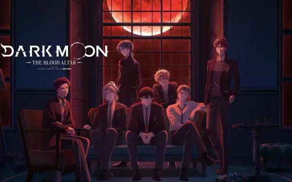 Dark Moon: The Blood Altar red-toned anime wallpaper — seven brooding male characters seated in a dim room beneath a large red moon; 4K Ultra HD PC desktop background.