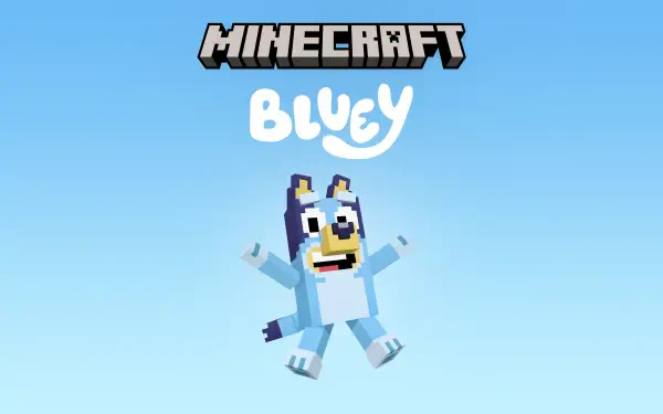 4K Ultra HD PC desktop wallpaper — Minecraft x Bluey crossover: blocky Bluey character jumping beneath the Minecraft logo on a clear blue sky background.