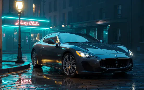 Maserati sports car parked on a wet cobblestone street at night, neon club lights reflecting — 4K Ultra HD PC desktop wallpaper/background.