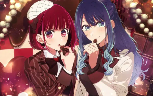 HD PC desktop wallpaper: Anime Oshi no Ko — Kana Arima and Akane Kurokawa share chocolates in a warm, elegant cafe setting with detailed colors and bokeh lights.