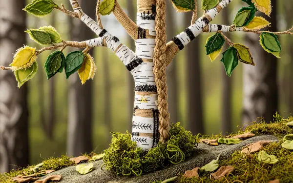 4K Ultra HD PC desktop wallpaper: close-up of a birch with braided trunk, green and yellow leaves, moss-covered forest floor and softly blurred trees beyond.