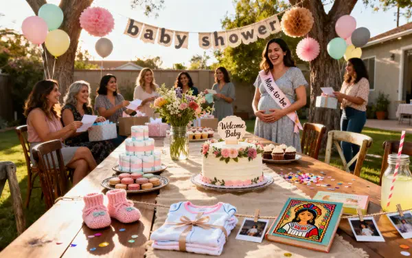 4K Ultra HD PC desktop wallpaper and background showing an outdoor baby shower: decorated table with cake, gifts, pink booties, balloons and guests celebrating the expectant mother.