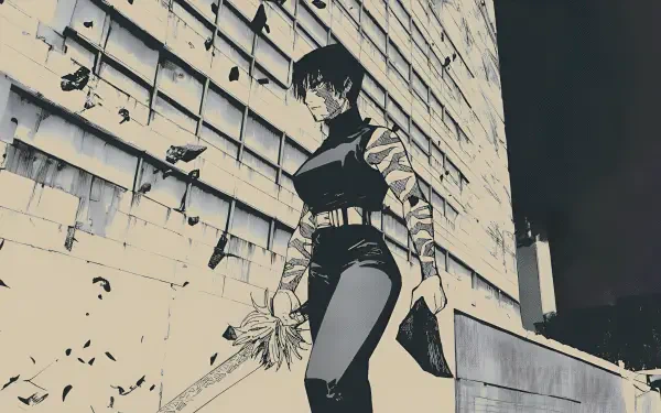 Gruvbox-toned manga wallpaper of Maki Zenin (Jujutsu Kaisen 3rd Season) standing by a cracked urban wall — 2K Quad HD PC desktop background.