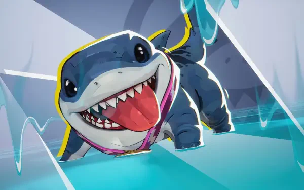 Jeff the Land Shark from Marvel Rivals lunges forward, tongue out and teeth bared in vibrant video game art — 4K Ultra HD PC Desktop wallpaper and background.