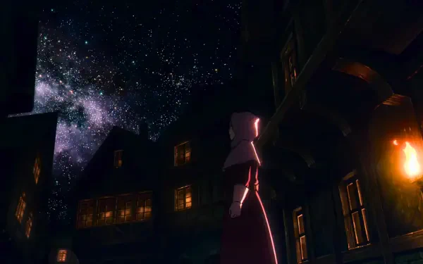 4K Ultra HD wallpaper of Jolenta, an anime girl from 'Orb: On the Movements of the Earth', standing under a starry night sky in a lantern-lit town.