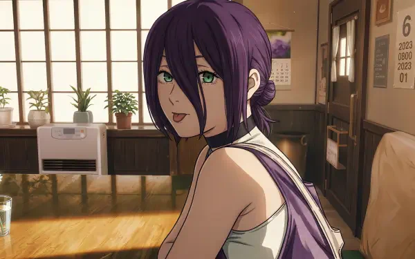 Reze from Chainsaw Man — a cute purple‑haired anime girl with green eyes, glancing over her shoulder in a sunlit room; 5K Ultra HD PC desktop wallpaper/background.