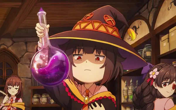 Megumin (KonoSuba) in her witch hat holding a bubbling purple potion with a deadpan look; cute, funny anime girl — 5K Ultra HD PC desktop wallpaper/background