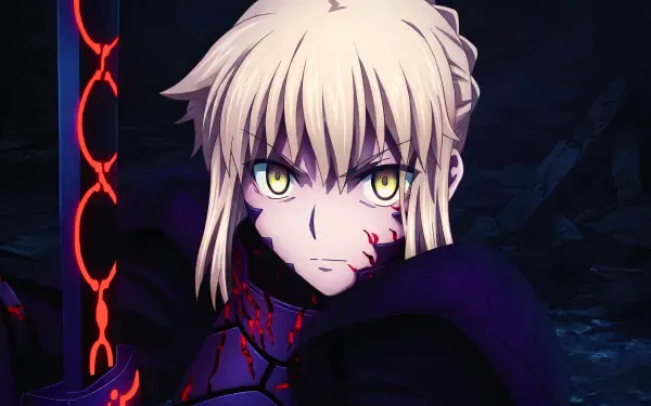 Saber (Fate) in battle — blood-scarred anime warrior with intense glowing eyes and a dark, rune-lit sword against a stormy night. 5K Ultra HD PC desktop wallpaper/background.