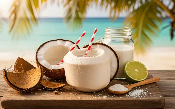 4K Ultra HD PC desktop wallpaper: fresh coconut drinks, halved coconuts, lime and jar on a wooden board with palm-fringed turquoise beach background.