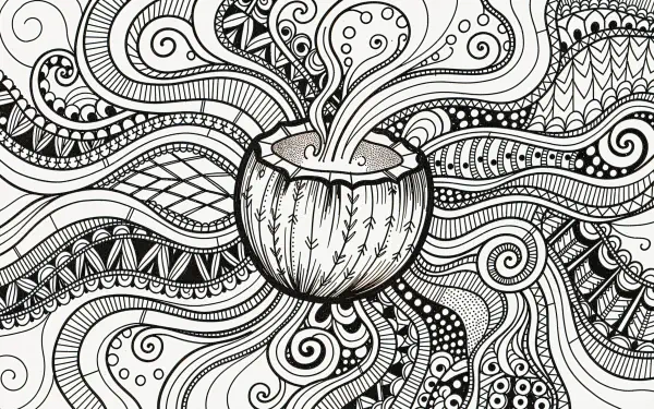 Black-and-white line-art of a coconut half with coconut water steam and ornate swirling patterns radiating outward — 4K Ultra HD PC desktop wallpaper and background.