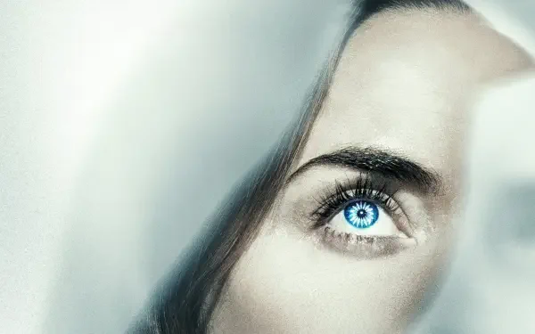 Disclosure Day — 4K Ultra HD PC desktop wallpaper and background: close-up of a luminous blue eye peering through soft white fabric and shafts of light.