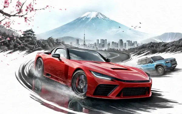 4K Ultra HD PC desktop wallpaper for Forza Horizon 6: red sports car drifting on wet mountain road with blue SUV, city skyline and Mount Fuji framed by cherry blossoms.