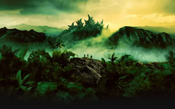 Monarch: Legacy of Monsters 4K Ultra HD PC desktop wallpaper/background — misty jungle foreground with tiny figures on a ridge, a spiked kaiju looming on a distant peak under green sky.