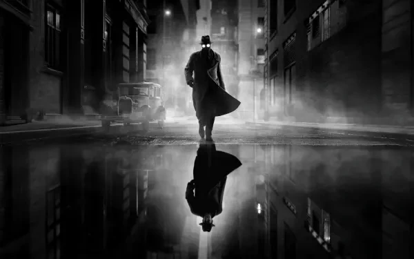 Spider-Noir 5K Ultra HD PC Desktop Wallpaper and Background — silhouette of a trenchcoat figure with glowing eyes striding through a foggy noir city street, mirrored in wet pavement.