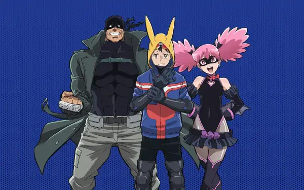 My Hero Academia: Vigilantes 5K Ultra HD PC desktop wallpaper/background: three costumed vigilantes — a large man in a coat, a hooded yellow‑eared hero, and a pink‑haired masked girl on blue.