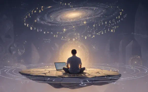4K Ultra HD PC desktop wallpaper/background: programming scene of a lone coder at a laptop on a floating platform beneath a glowing galaxy of orbiting code and equations.