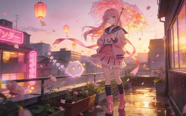 Pink-haired anime girl standing on a rainy neon balcony, holding a transparent umbrella as petals and lanterns float by — vibrant 5K Ultra HD PC desktop wallpaper background.