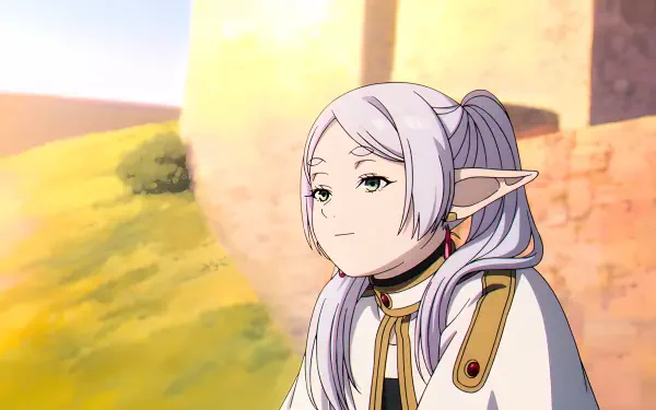 Frieren: Beyond Journey's End — serene elf mage anime girl with silver hair and quiet magic, gazing over sunlit fantasy fields; 4K Ultra HD PC desktop wallpaper and background.