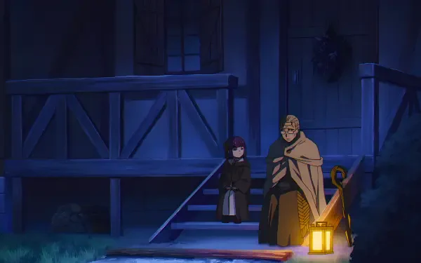 4K Ultra HD PC wallpaper: Fern and Heiter from Frieren: Beyond Journey's End stand by a glowing lantern outside a wooden village house at night in a moody blue-tinted anime scene.