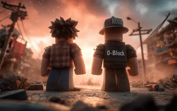 2K Quad HD PC desktop wallpaper: two Roblox roleplay avatars stand shoulder-to-shoulder facing a ruined street at sunset, gritty video game scene with dramatic warm backlight.