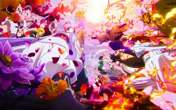 Hell's Paradise anime battle in 5K Ultra HD PC desktop wallpaper: warriors clash amid swirling petals, flames, and explosive energy across a vivid, high-detail fantasy battlefield.