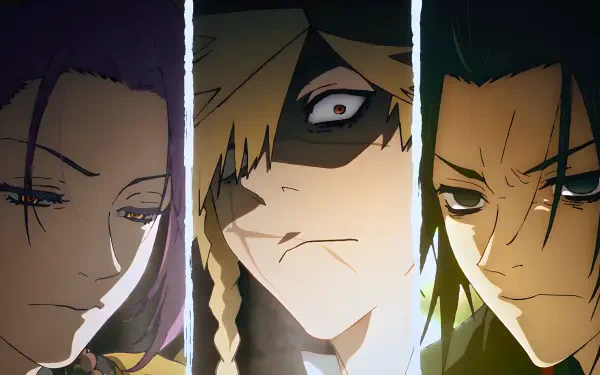 Hell's Paradise anime 4K Ultra HD PC desktop wallpaper: three-panel close-up of Choubei, Shugen and Rien with intense eyes and shadowed faces against a dark background.