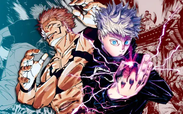 2K Quad HD PC wallpaper of Jujutsu Kaisen — Gojo vs Sukuna: Satoru Gojo fires purple energy from his palm as Sukuna snarls behind, dramatic lighting and ruined cityscape.