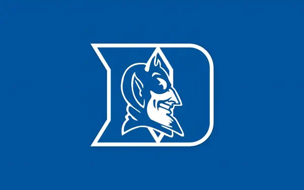 Minimalist Duke University blue desktop wallpaper: white outlined D framing the Blue Devil head on solid blue, 4K Ultra HD PC background.