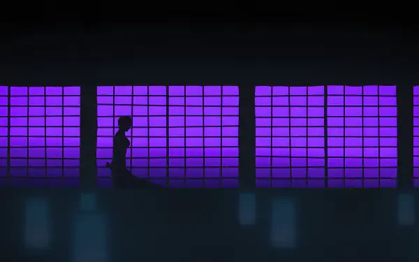 Jujutsu Kaisen 3rd Season — Maki Zenin silhouette before purple grid windows; dark aesthetic anime shadow scene, 4K Ultra HD PC desktop wallpaper/background.