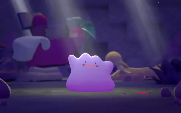 HD PC desktop wallpaper/background: Pokémon Ditto (Pokopia) glowing purple in a dim, toy-strewn room, soft beams of light highlighting its small smiling face.