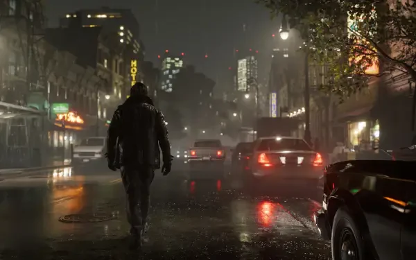 Resident Evil Requiem video game 4K Ultra HD PC wallpaper: lone figure walks a rain‑slick city street at night, car lights and neon reflecting on wet asphalt.
