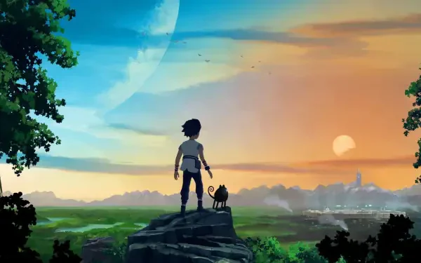 Planet of Lana II video game minimalist gaming HD PC desktop wallpaper: silhouette of a young explorer and small companion atop a cliff, gazing at an alien sunset with distant city and pale moon.