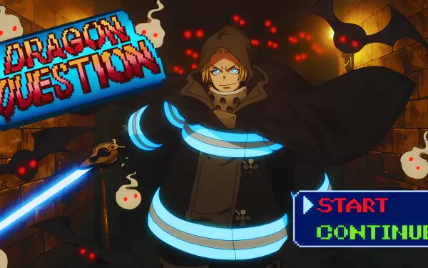 4K Ultra HD PC desktop wallpaper: Fire Force's Arthur Boyle in a hooded cloak, wielding a glowing blue sword with a pixel Dragon Questium logo and Start/Continue game HUD — anime quest background.