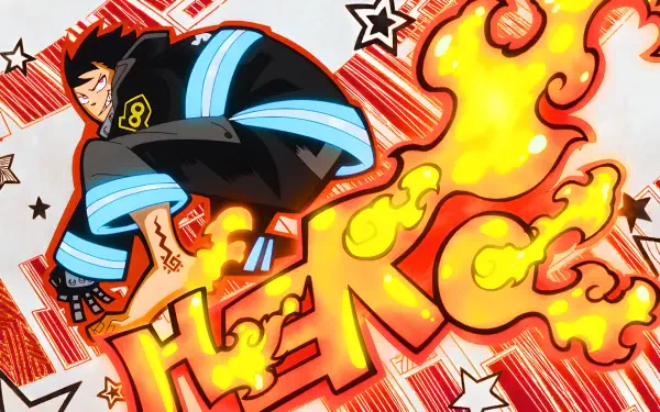 4K Ultra HD PC wallpaper of Shinra Kishitani from Fire Force: anime hero in blue-trimmed firefighter uniform leaping as stylized flames spell HERO against a vibrant comic-style background.