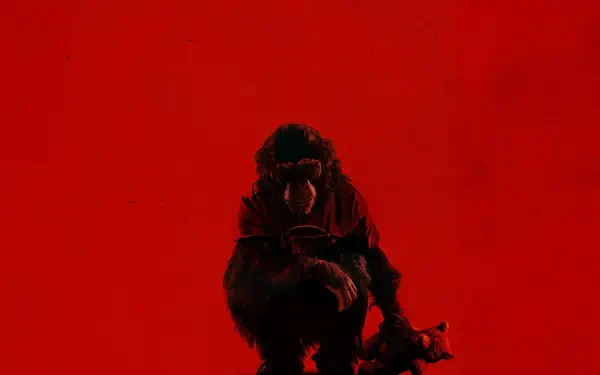 Crouching primate silhouette on a vivid red field — 2K Quad HD PC desktop wallpaper and background.