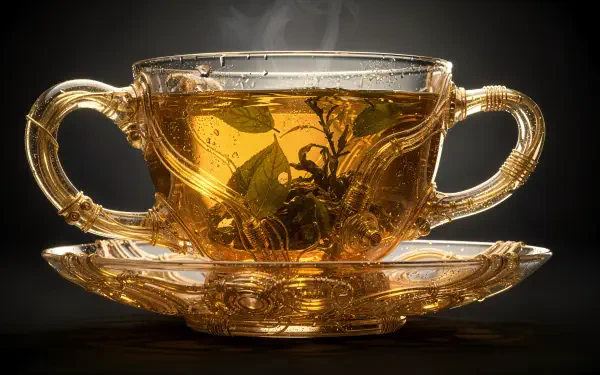 4K Ultra HD PC desktop wallpaper: steaming oolong tea in an ornate double-handled glass cup on a matching saucer, amber leaves swirling.