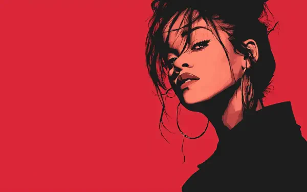 Minimalist red 2K Quad HD PC wallpaper: stylized, high-contrast portrait of a young woman with tousled hair and a hoop earring against a solid red background.