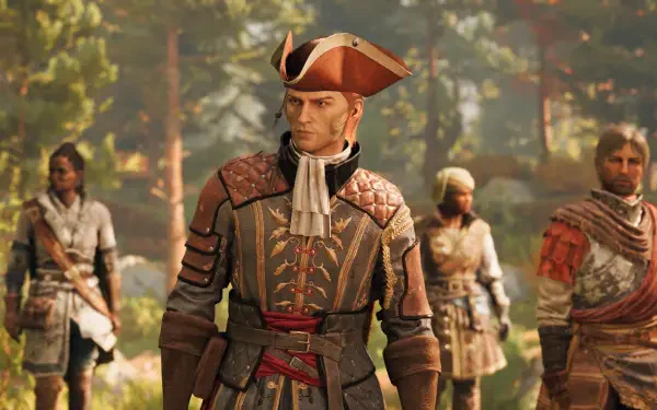 Video game HD PC desktop wallpaper for GreedFall: The Dying World — tricorne‑hatted protagonist and armed companions stride through a sunlit, overgrown forest.