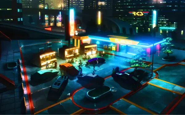 4K Ultra HD PC desktop wallpaper: anime Cyberpunk: Edgerunners-style Night City rooftop parking, neon food stalls and Pixar-esque cars bathed in blue and magenta light.