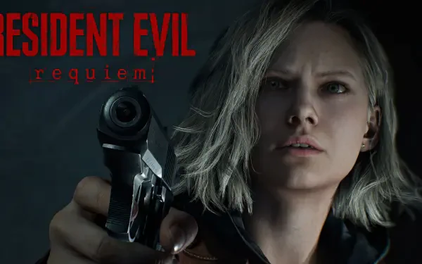 Close-up of Grace Ashcroft from Capcom's video game Resident Evil Requiem, aiming a handgun in moody horror lighting — 5K Ultra HD PC desktop wallpaper/background.