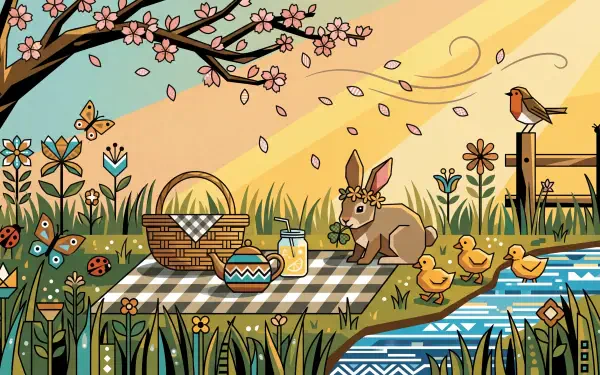Cute spring 5K Ultra HD PC desktop wallpaper showing a picnic with a flower-crowned bunny, basket and lemonade, ducklings by a stream, blossoms and butterflies.
