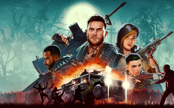 Game art for John Carpenter's Toxic Commando: four armed survivors and an armored vehicle under a full moon, surrounded by undead — 2K Quad HD PC desktop wallpaper/background.