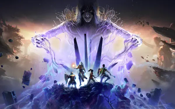 Solasta II video game fantasy artwork 2K Quad HD PC desktop wallpaper: four adventurers on a shattered peak confront a towering hooded spectral figure radiating purple energy amid floating debris.